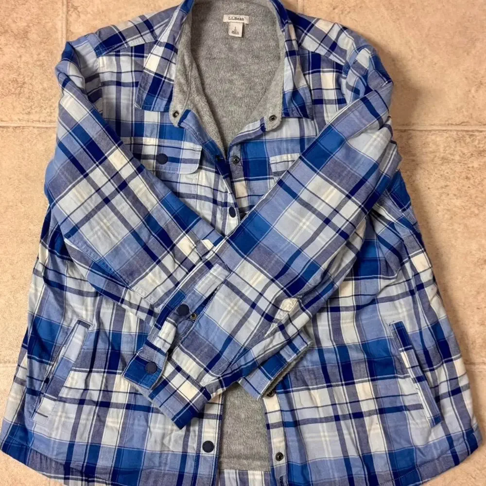 L.L. Bean Sherpa Lined Plaid Flannel Jacket Blue Men’s Large Petite Shacket